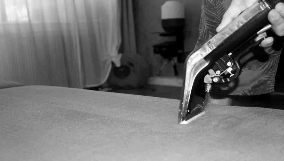 Hot-water extraction wand pulling dirt from a sofa cushion in a New York apartment